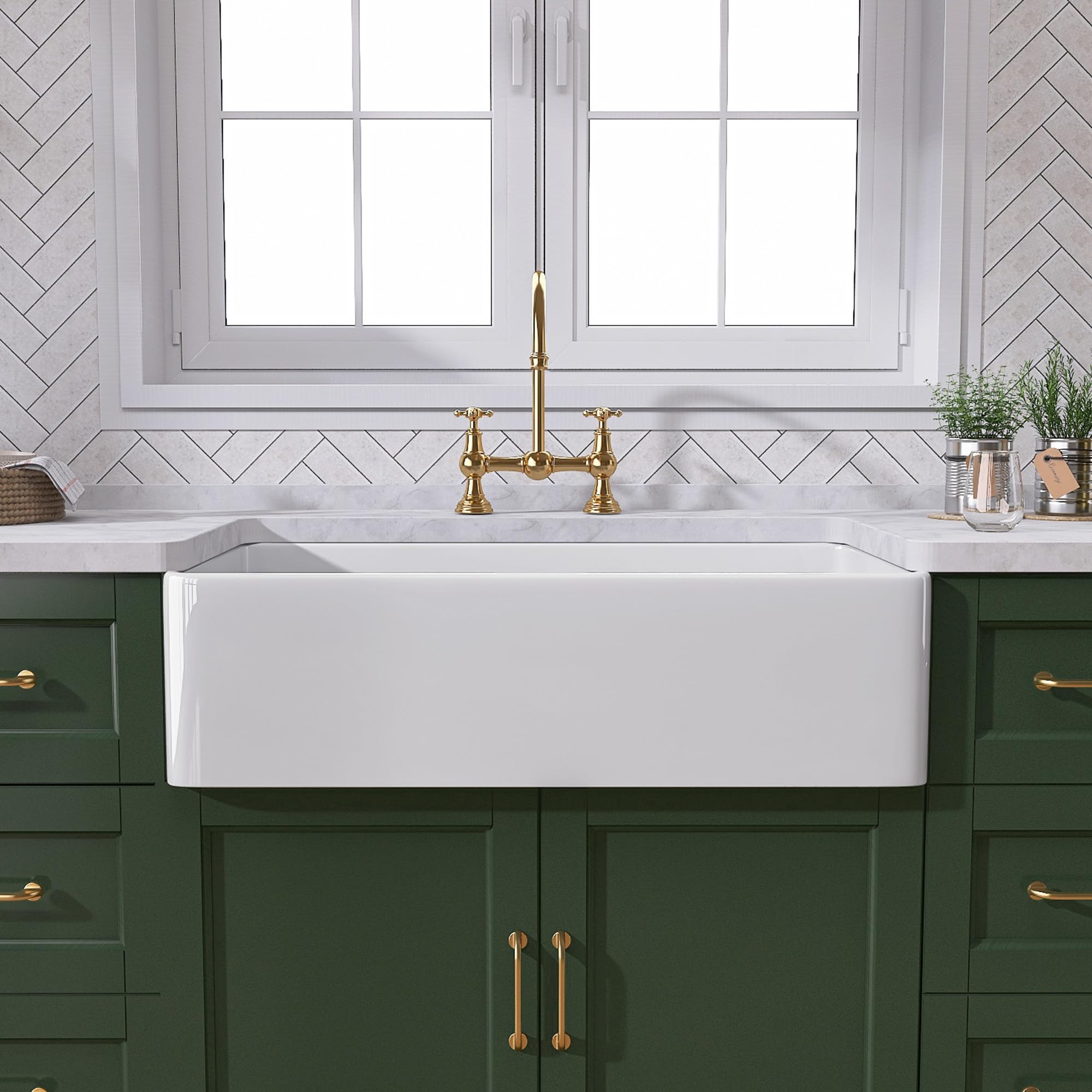 TUKTUK white farmhouse sink 30-inch from a frontal view highlighting the glossy finish and spacious bowl