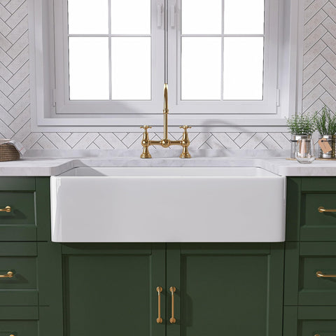 TUKTUK white farmhouse sink 30-inch from a frontal view highlighting the glossy finish and spacious bowl