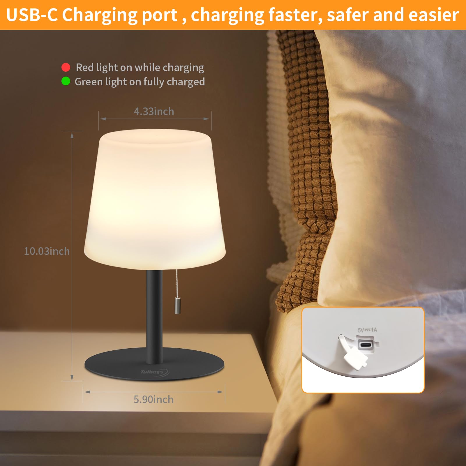 Tulbeys USB-charged lamp charges quickly for cordless use.