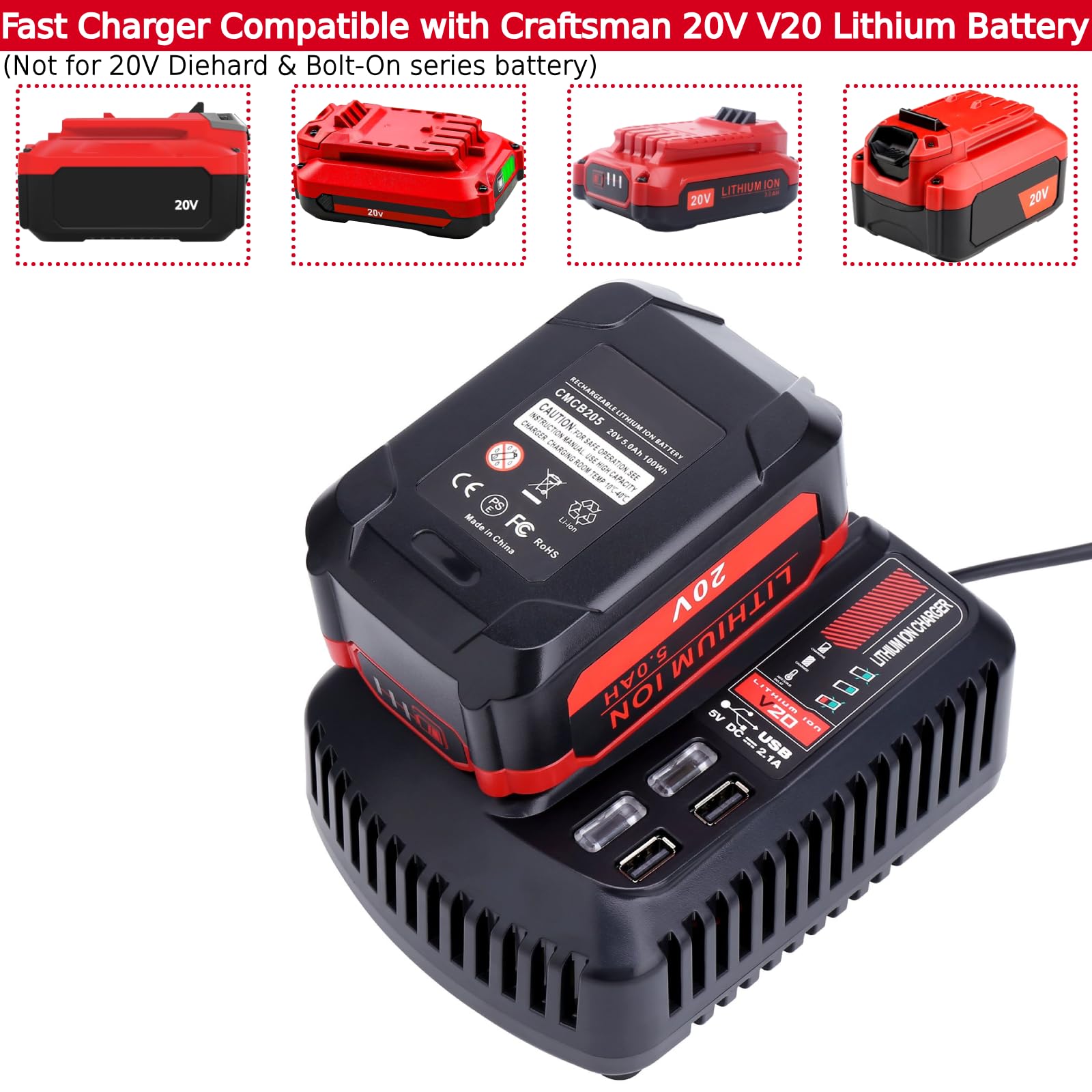 Tulepowceeng CMCB104 fast charger side ports, versatile connections for 20V batteries.