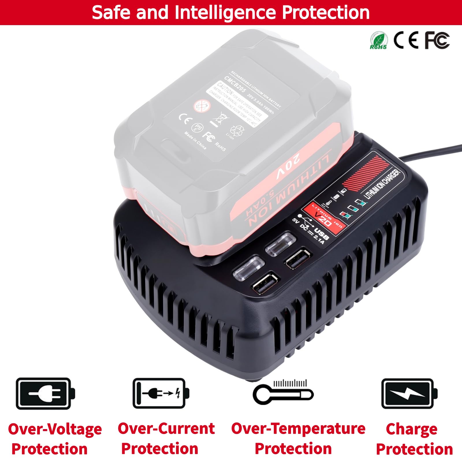 Tulepowceeng CMCB104 safety protections label, safeguards against overcharge and heat.