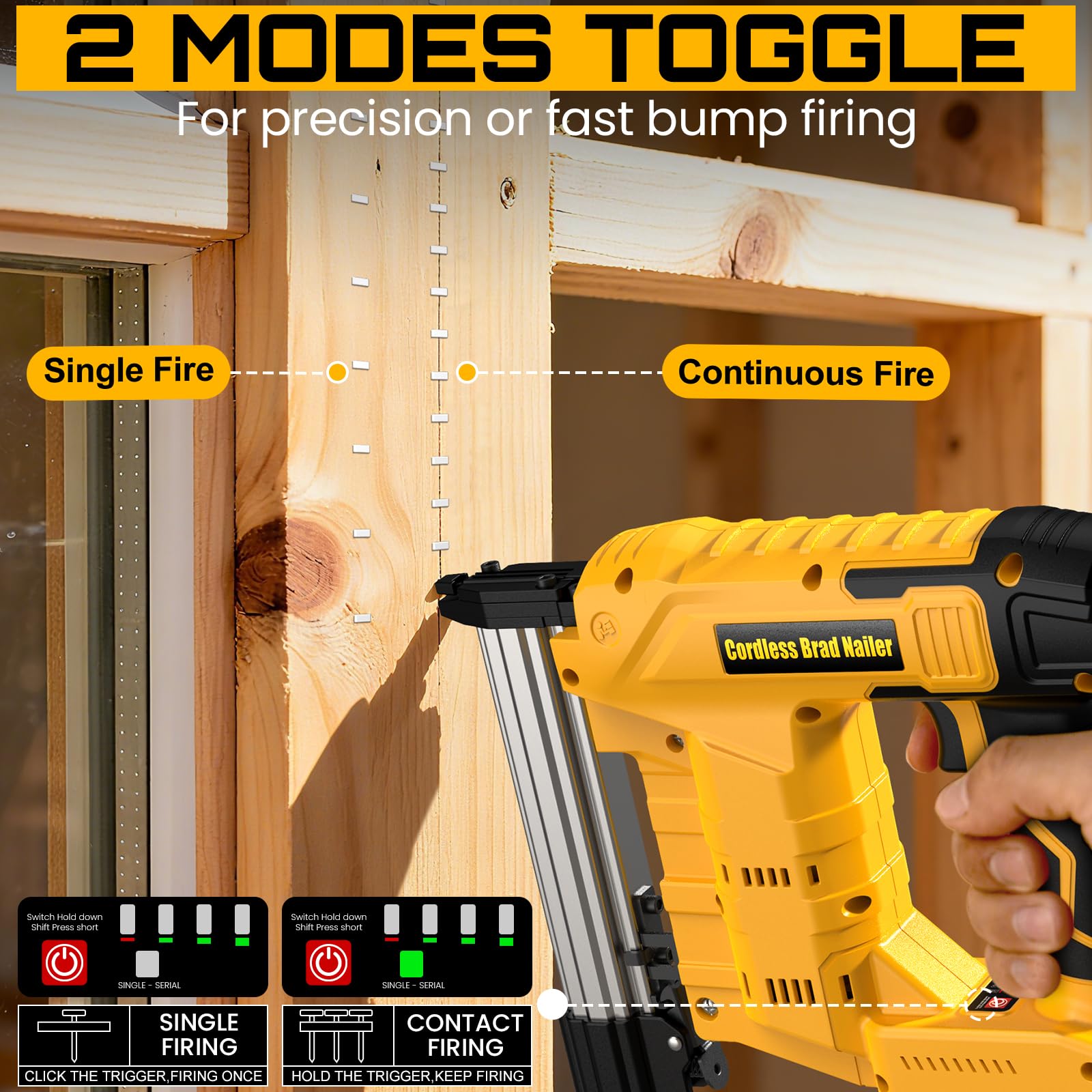 Dual firing mode selector on Tulukye nailer enables precise placement and rapid nailing.