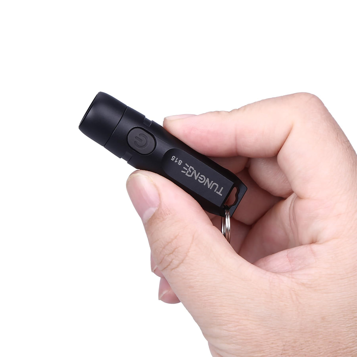 TUNENGE rechargeable keychain flashlight front view, compact and portable.