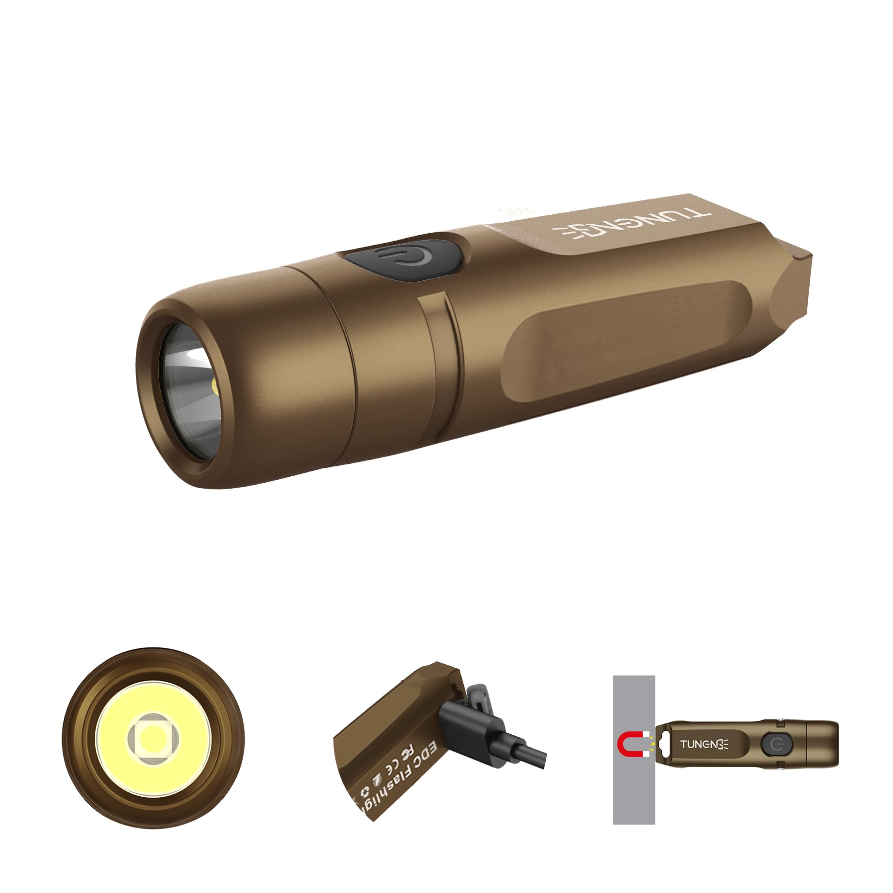 TUNENGE S15 keychain flashlight front view showing compact design and bright output for outdoor visibility