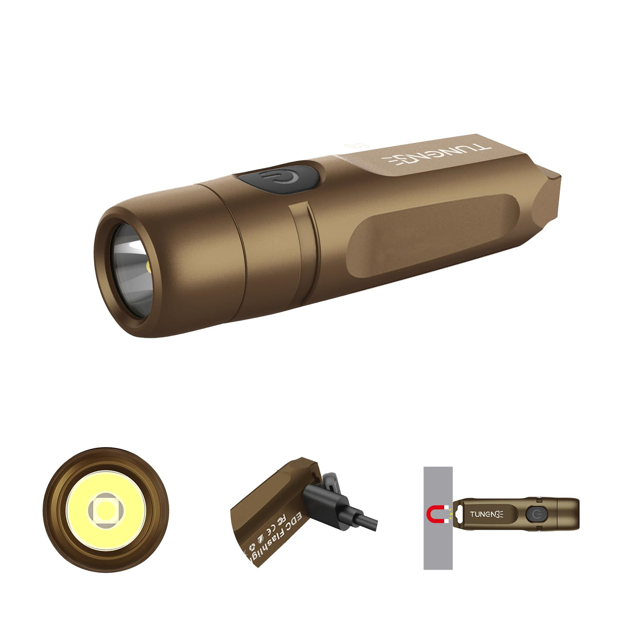 TUNENGE S15 keychain flashlight front view showing compact design and bright output for outdoor visibility
