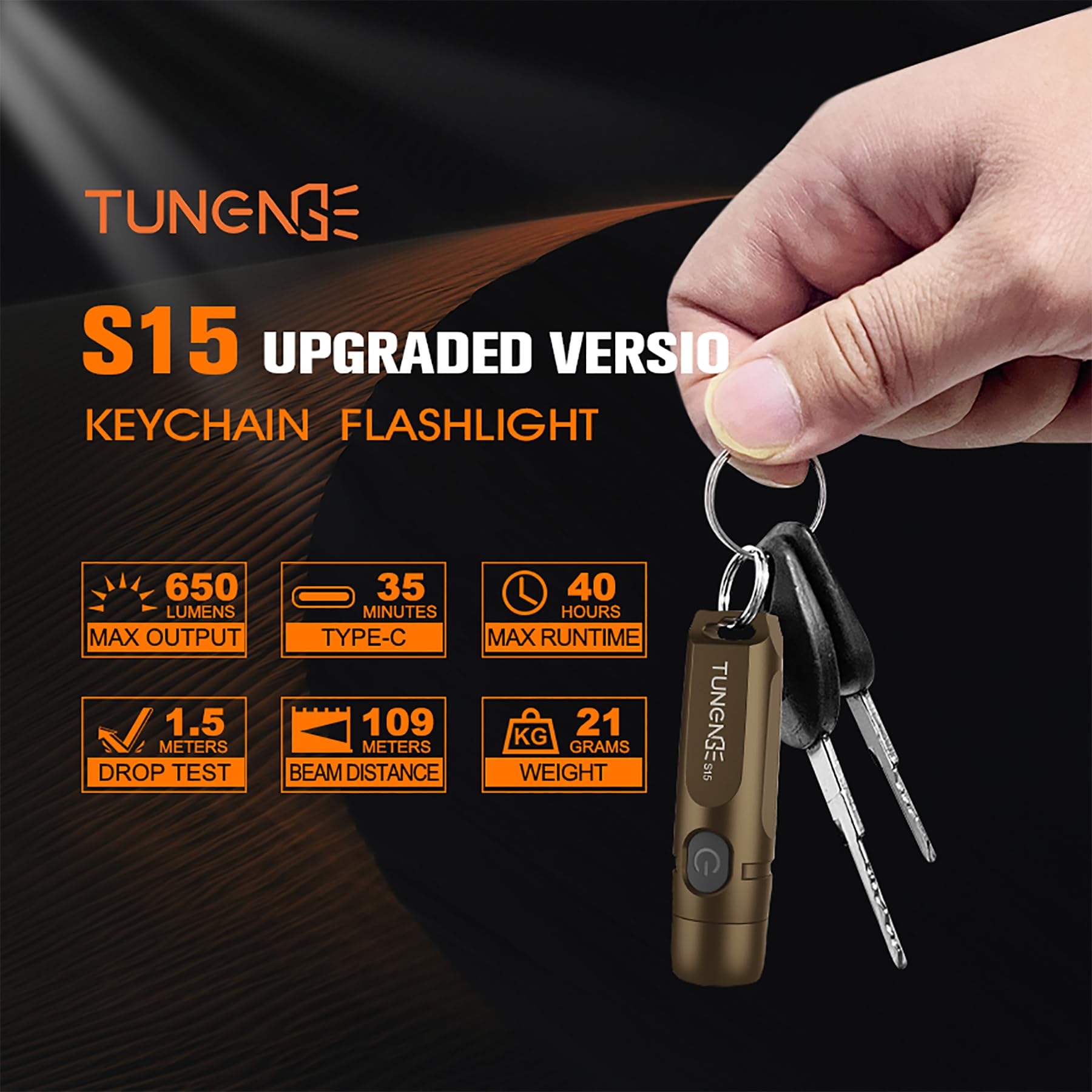 TUNENGE S15 keychain flashlight side view highlighting slim profile for portability