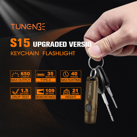 TUNENGE S15 keychain flashlight side view highlighting slim profile for portability