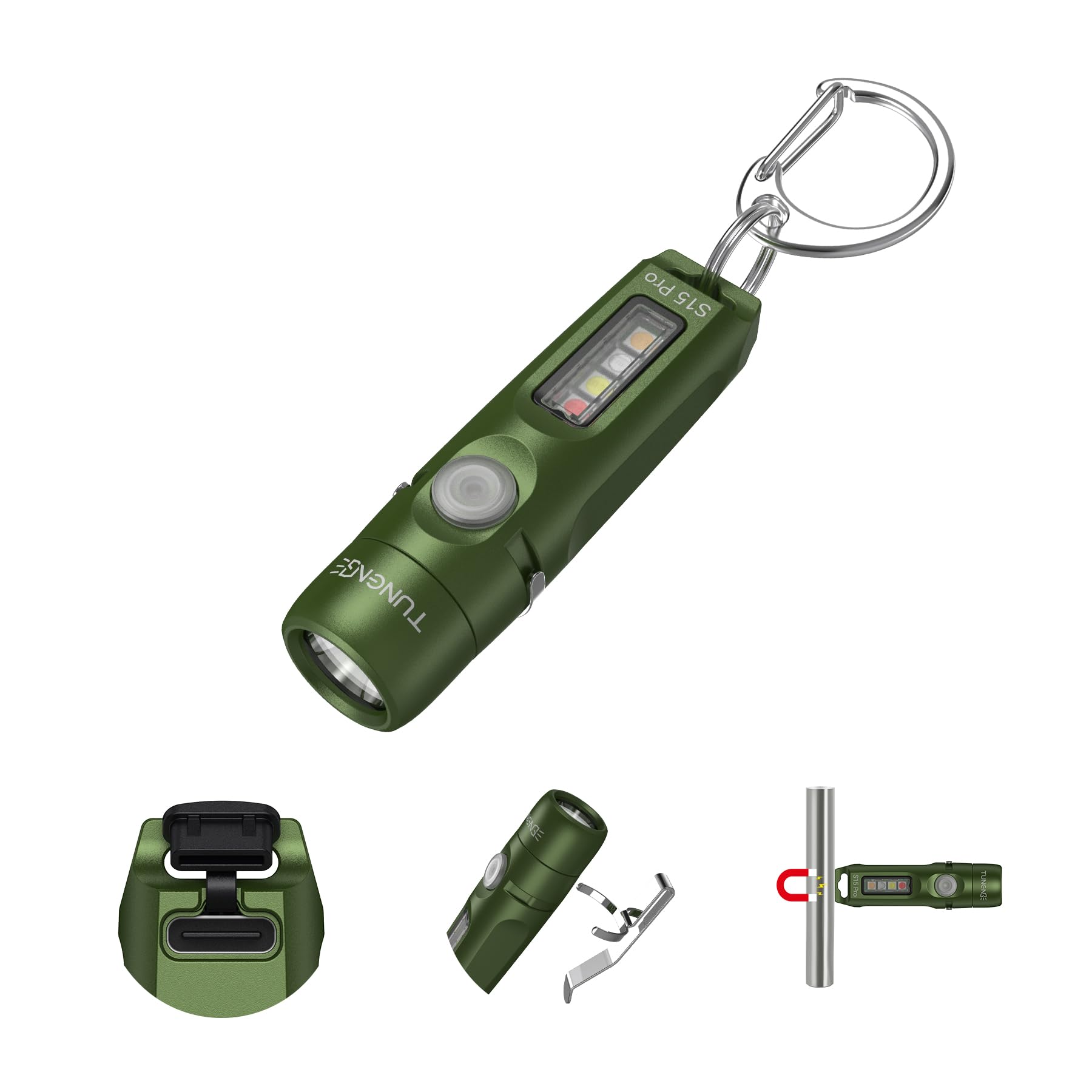 TUNENGE S15Pro army green front view shows compact, punchy flashlight with keychain design.