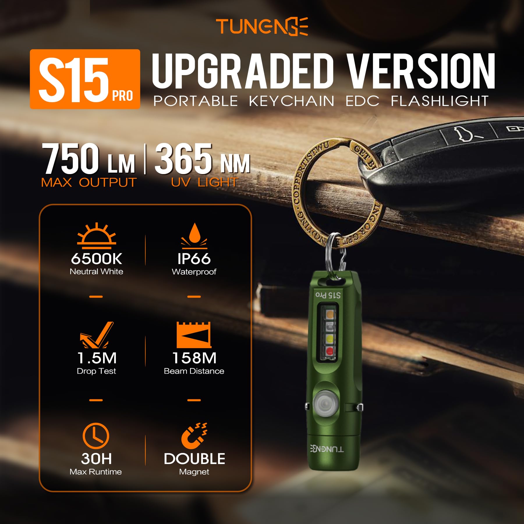 TUNENGE S15Pro army green side with clip highlights hands-free lighting.