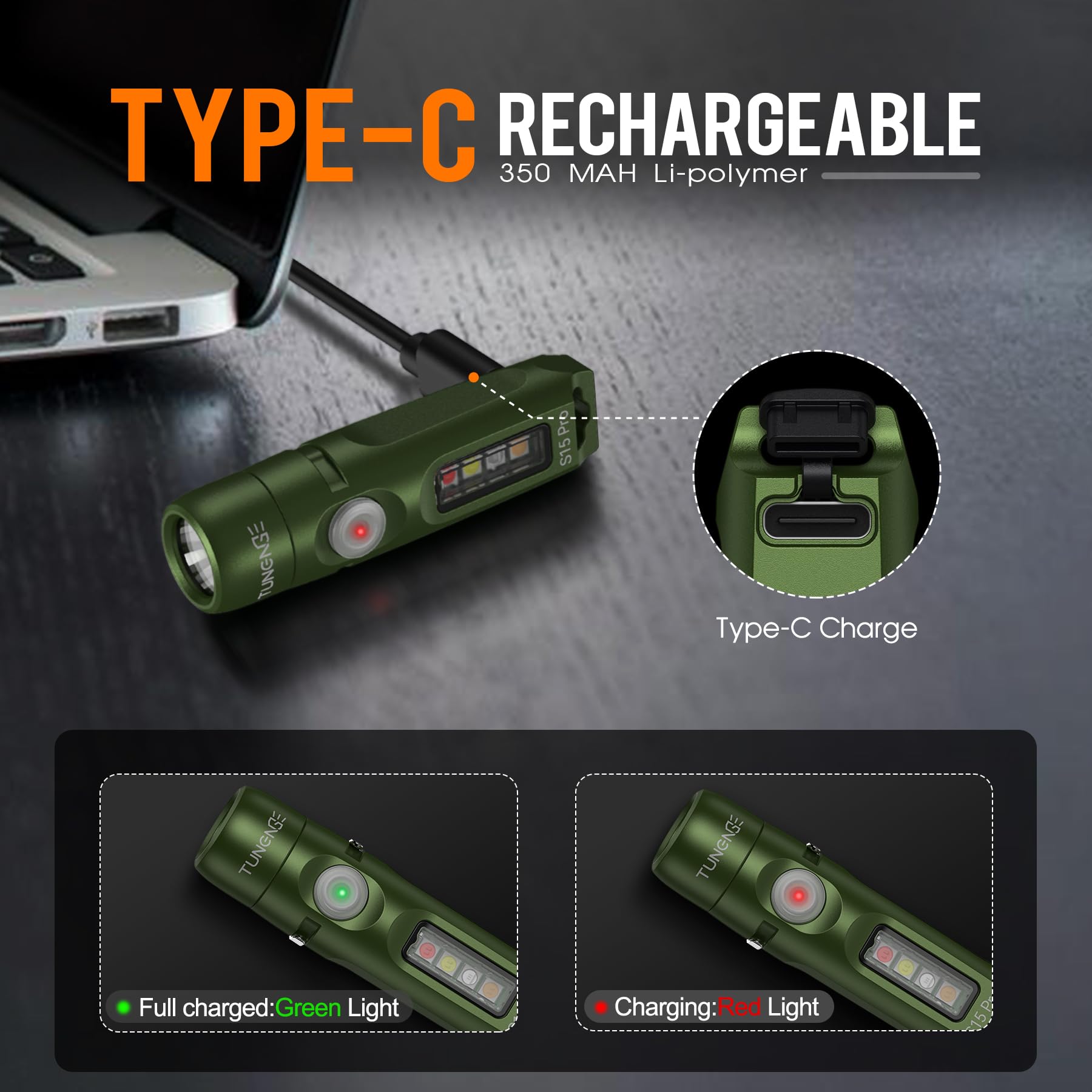 TUNENGE S15Pro army green top view emphasizes portable size.