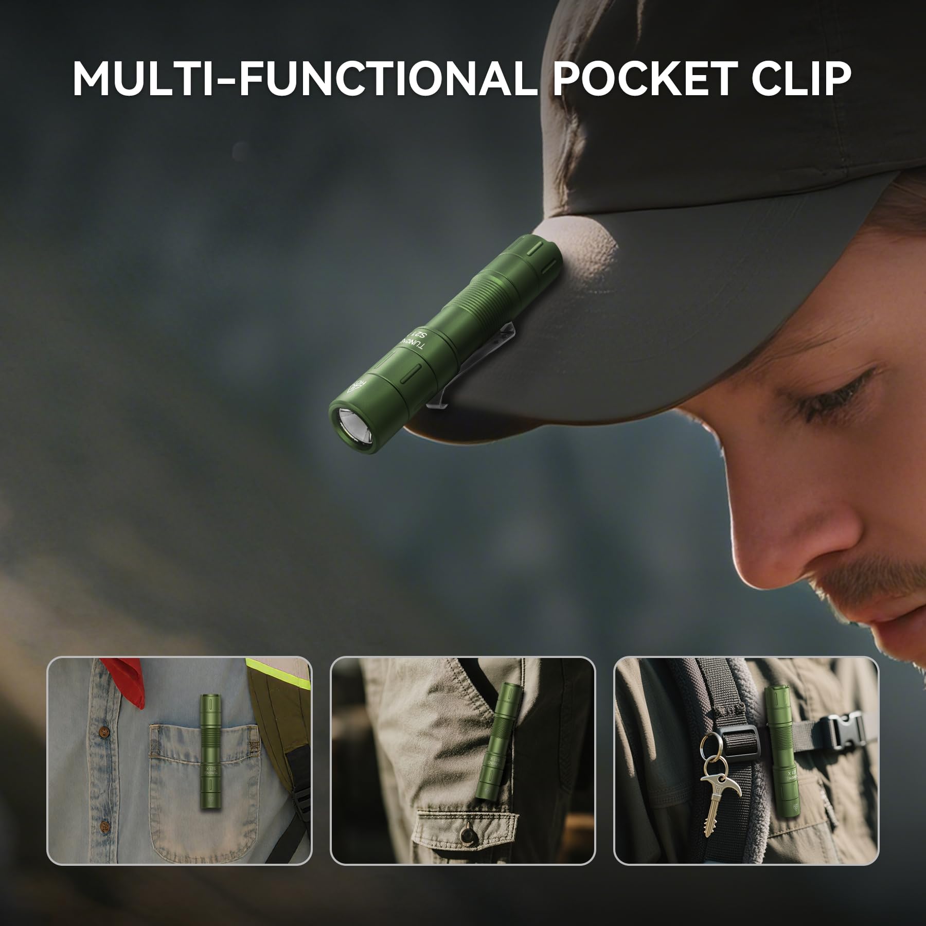 TUNENGE S21X mini EDC flashlight diffusers in white, red, and orange for signaling and reading