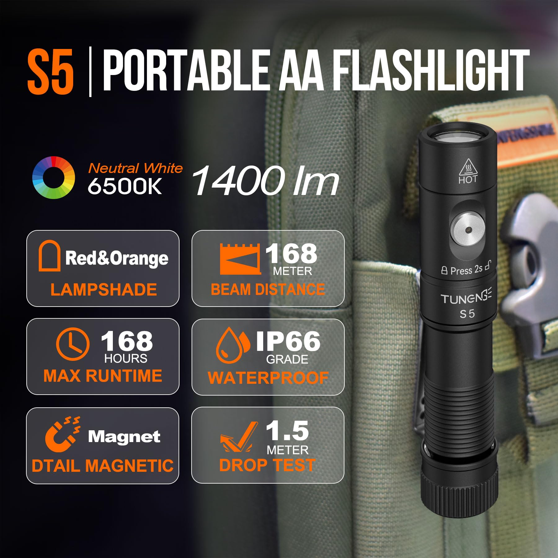 TUNENGE S5 pocket-size flashlight resting in a hand for everyday carry