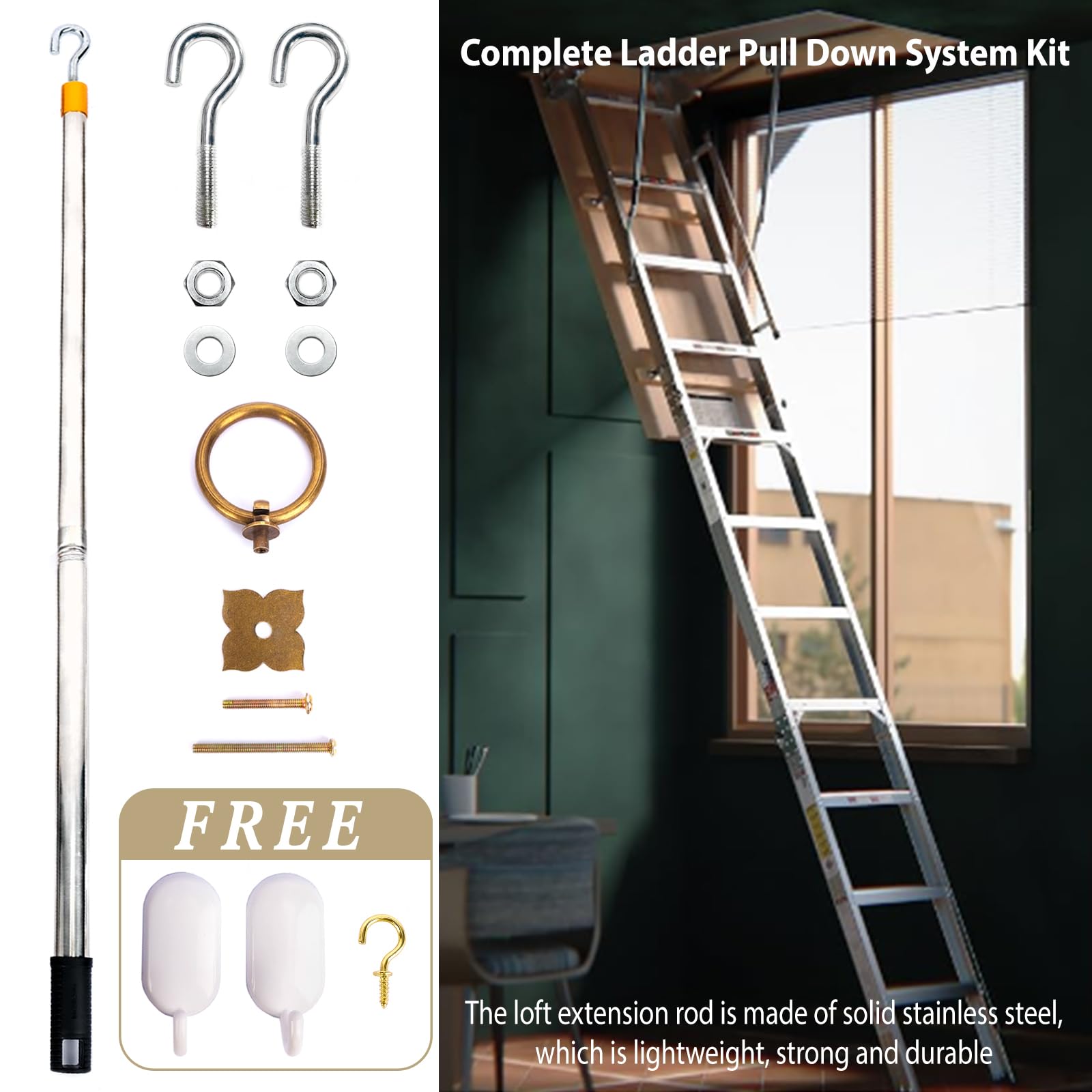 Tuneya stainless steel extension pole offers durable, rust-resistant operation for attic tasks.