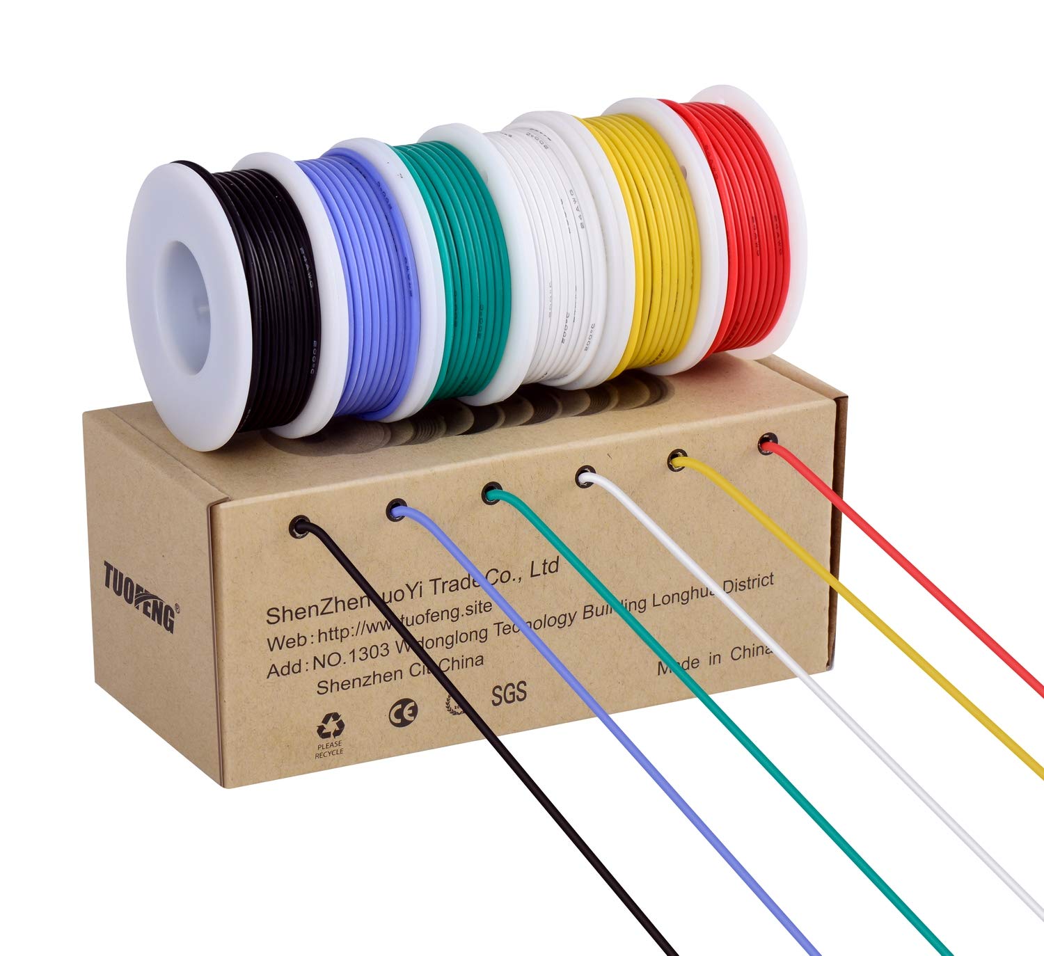 TUOFENG 18 AWG silicone wire, six-color spool set, ideal for color-coded wiring projects.