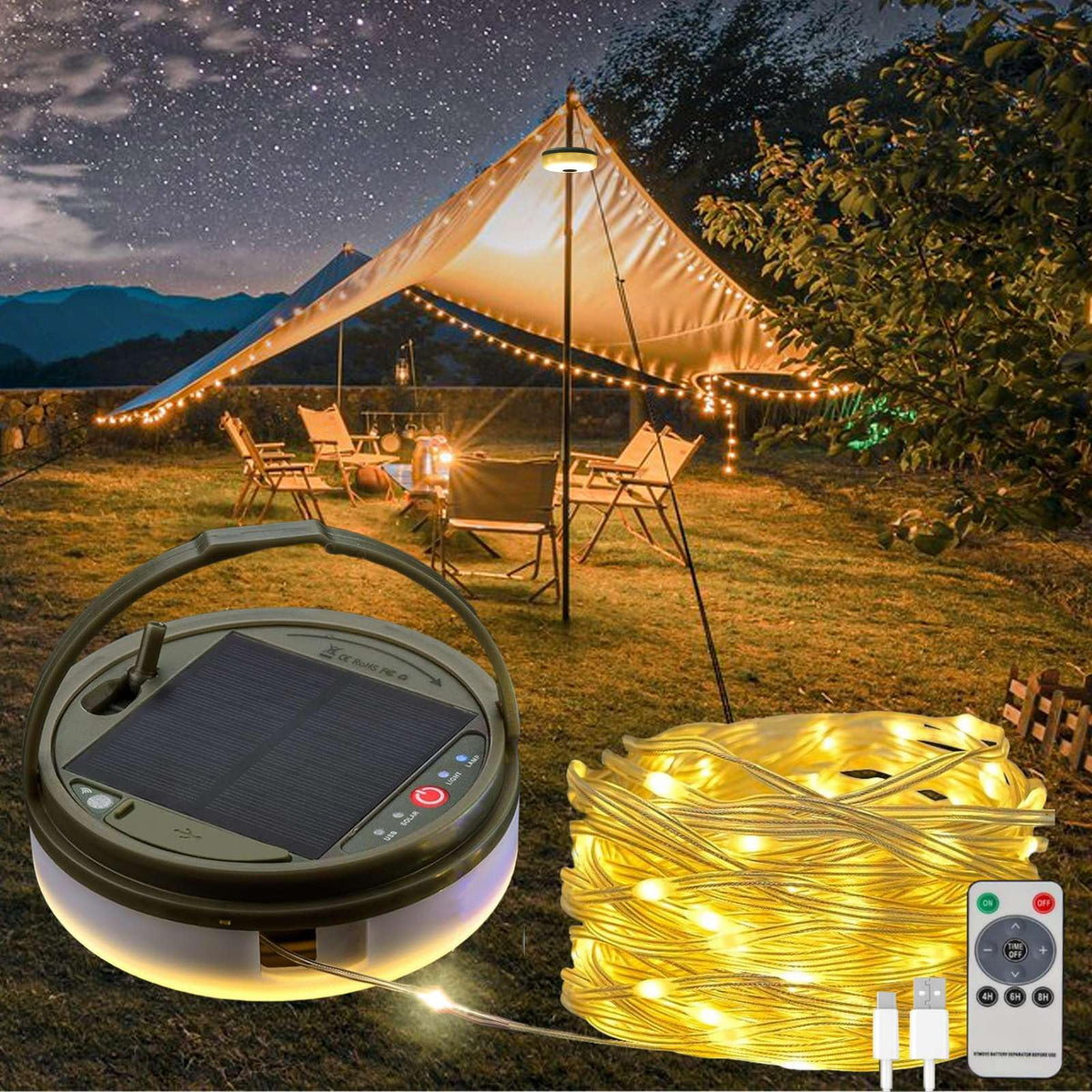 TuoPuLife solar camping lights lantern provides warm tent illumination.