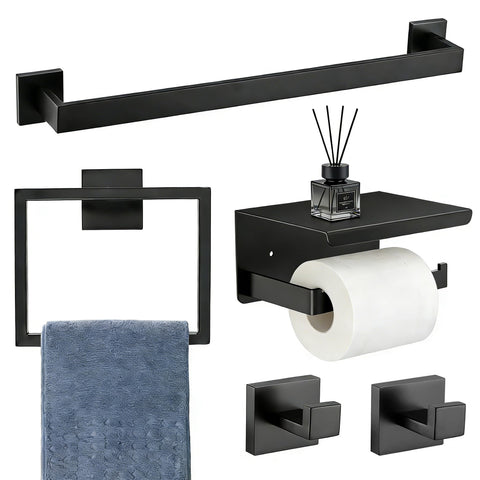 Tupello 5-piece matte black bathroom set with 16-inch towel bar for organized spaces.