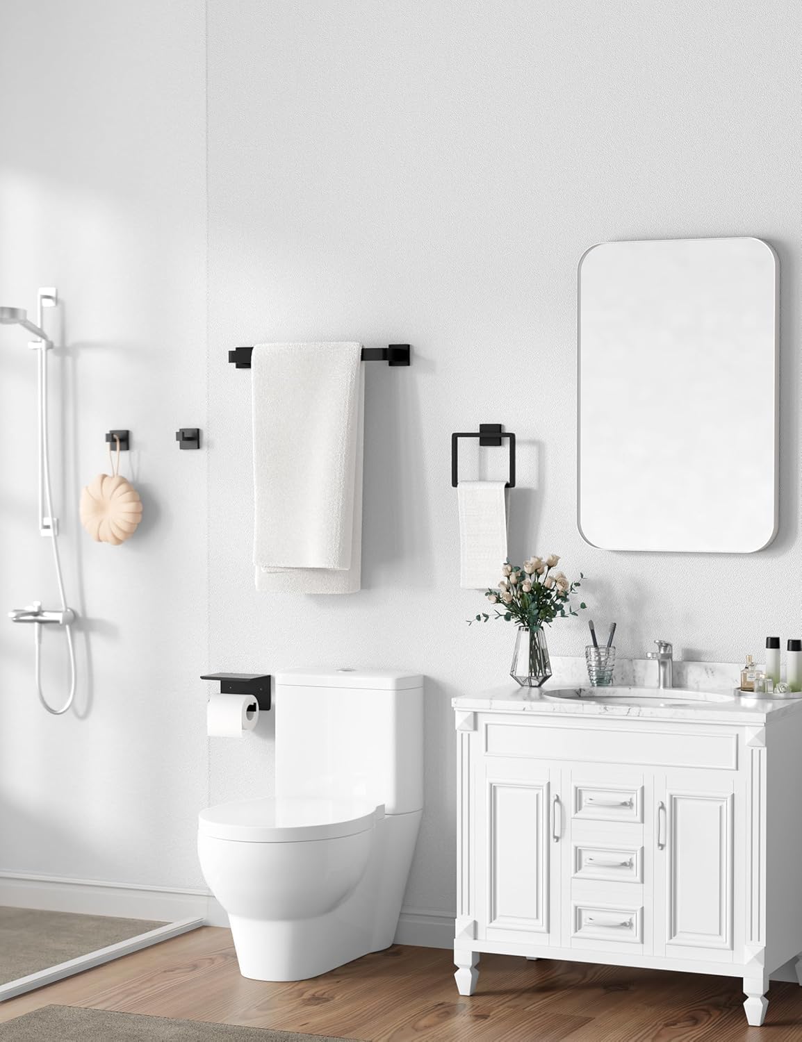 Tupello matte black towel ring adds convenient towel access