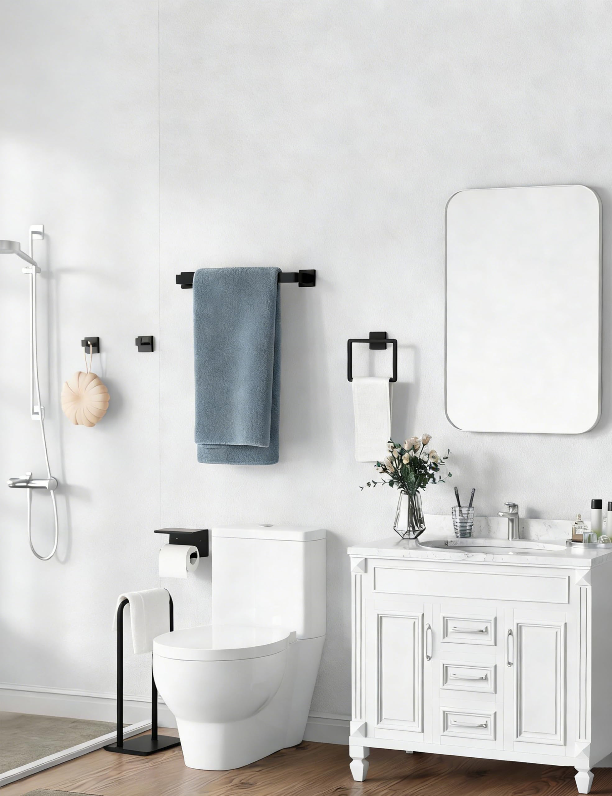 Tupello modern, matte black design complements diverse bathroom decor.