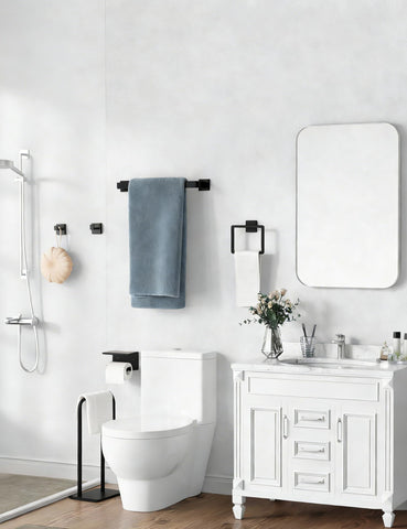 Tupello modern, matte black design complements diverse bathroom decor.