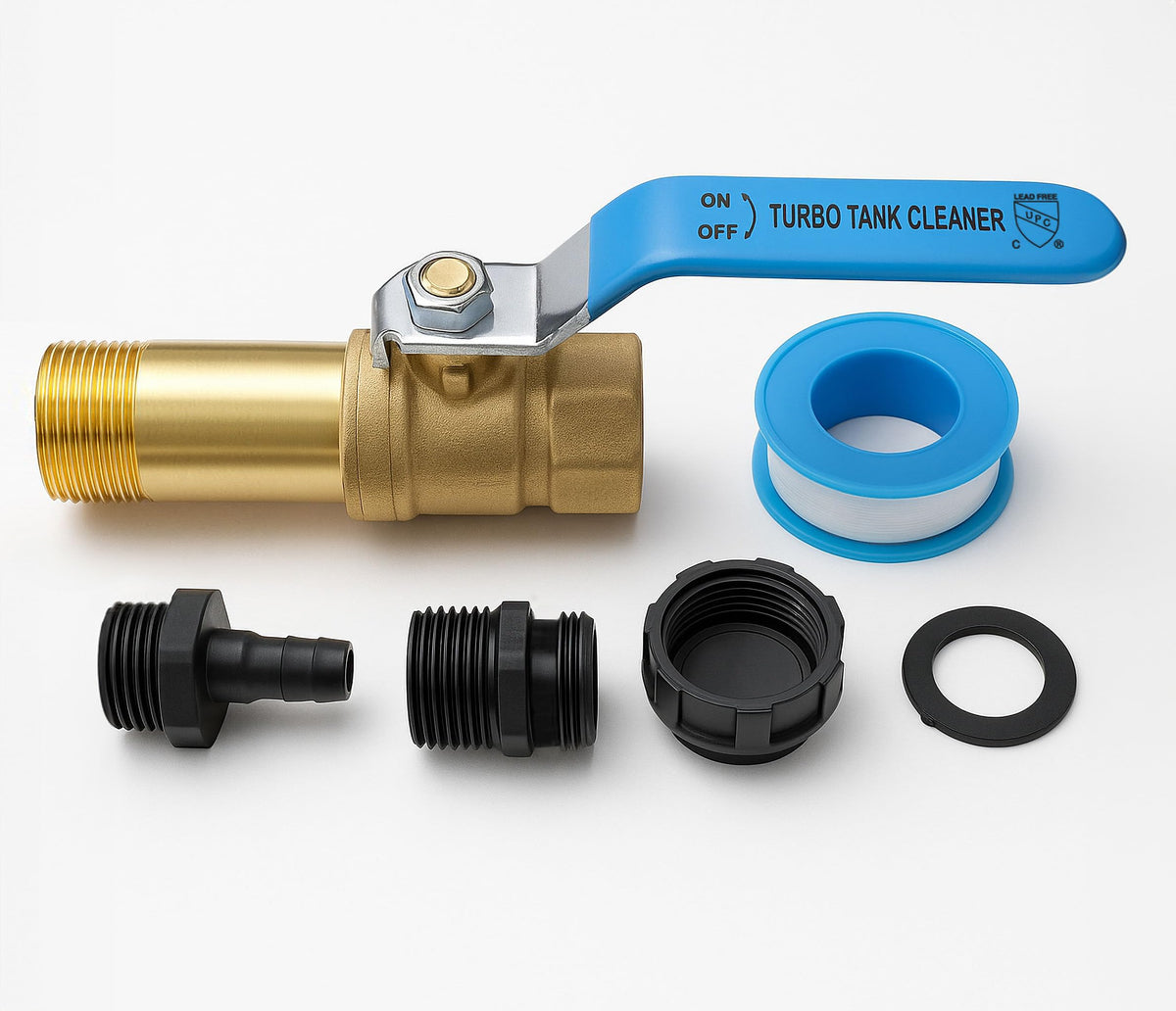 Turbo Tank Cleaner full-port valve with 19 mm bore for faster drain and cleaner flush.