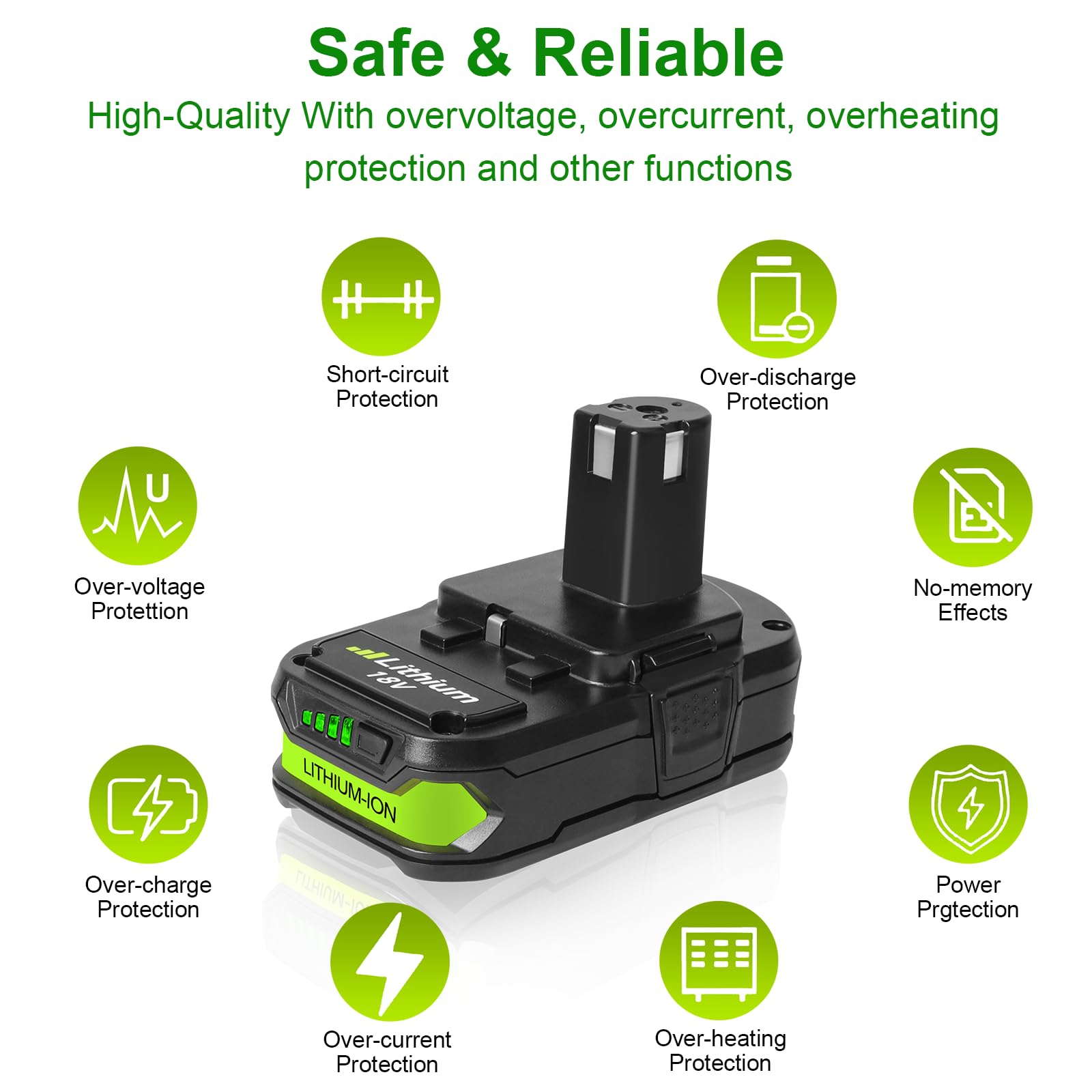 Turlvepd battery with safety features guarding against common electrical faults