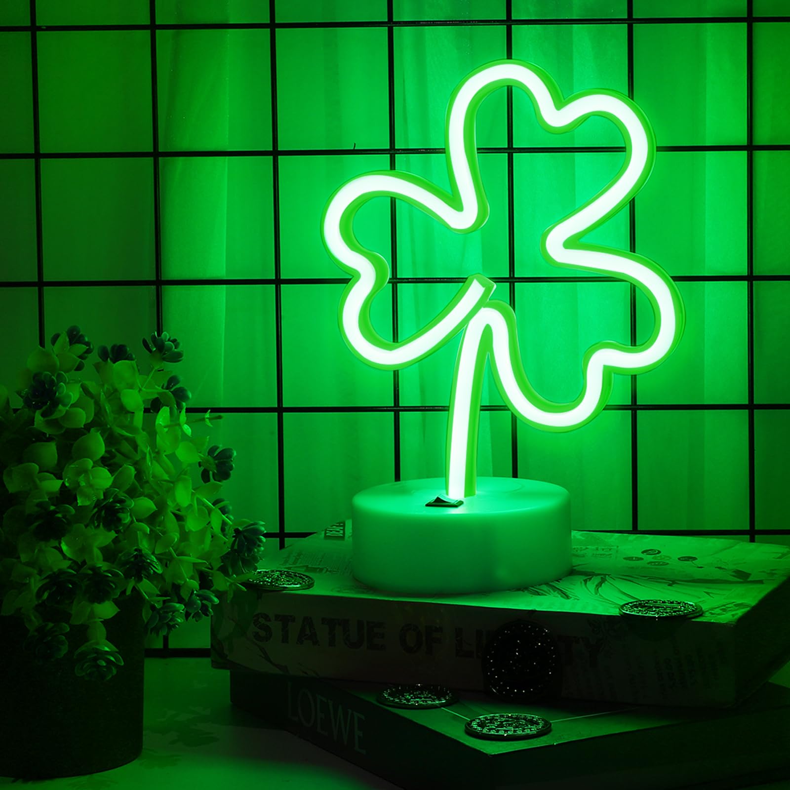 TURNMEON green shamrock neon sign front view brightens shelves.