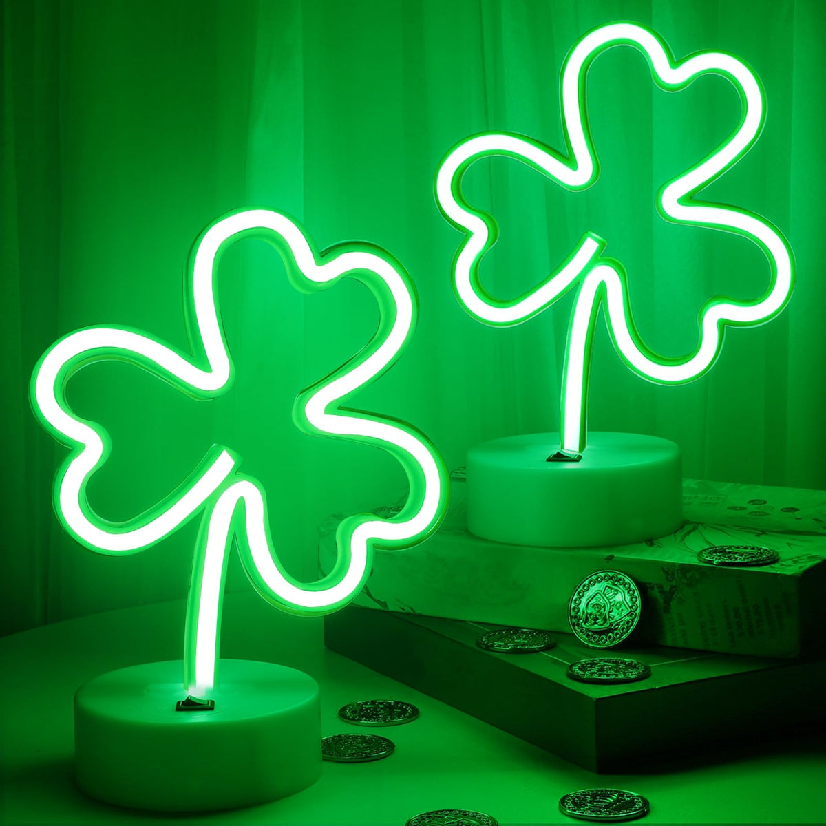 TURNMEON St Patrick's Day neon shamrock sign with holder base on a tabletop.