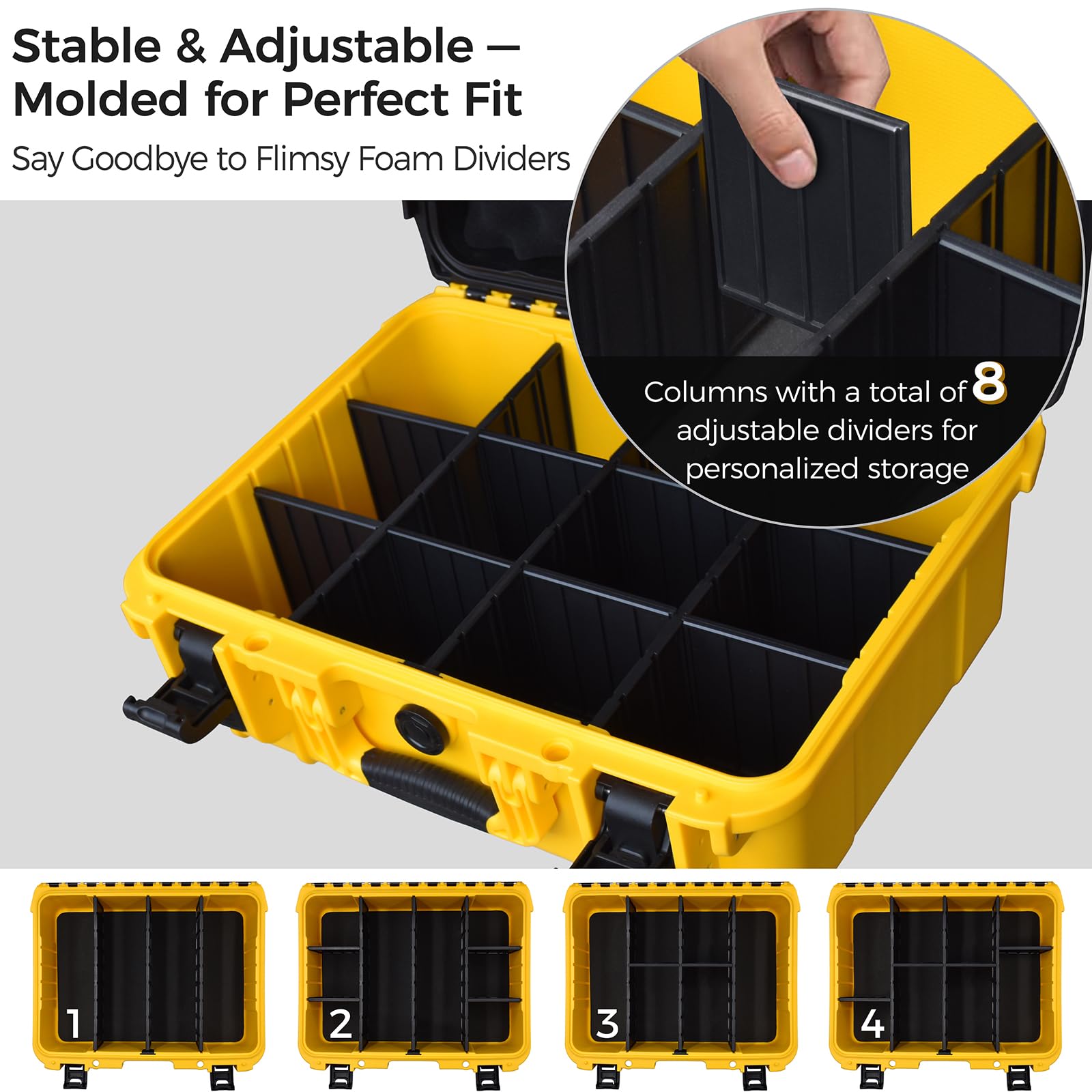Turokacase DeWalt battery case with eight dividers for customizable organization.