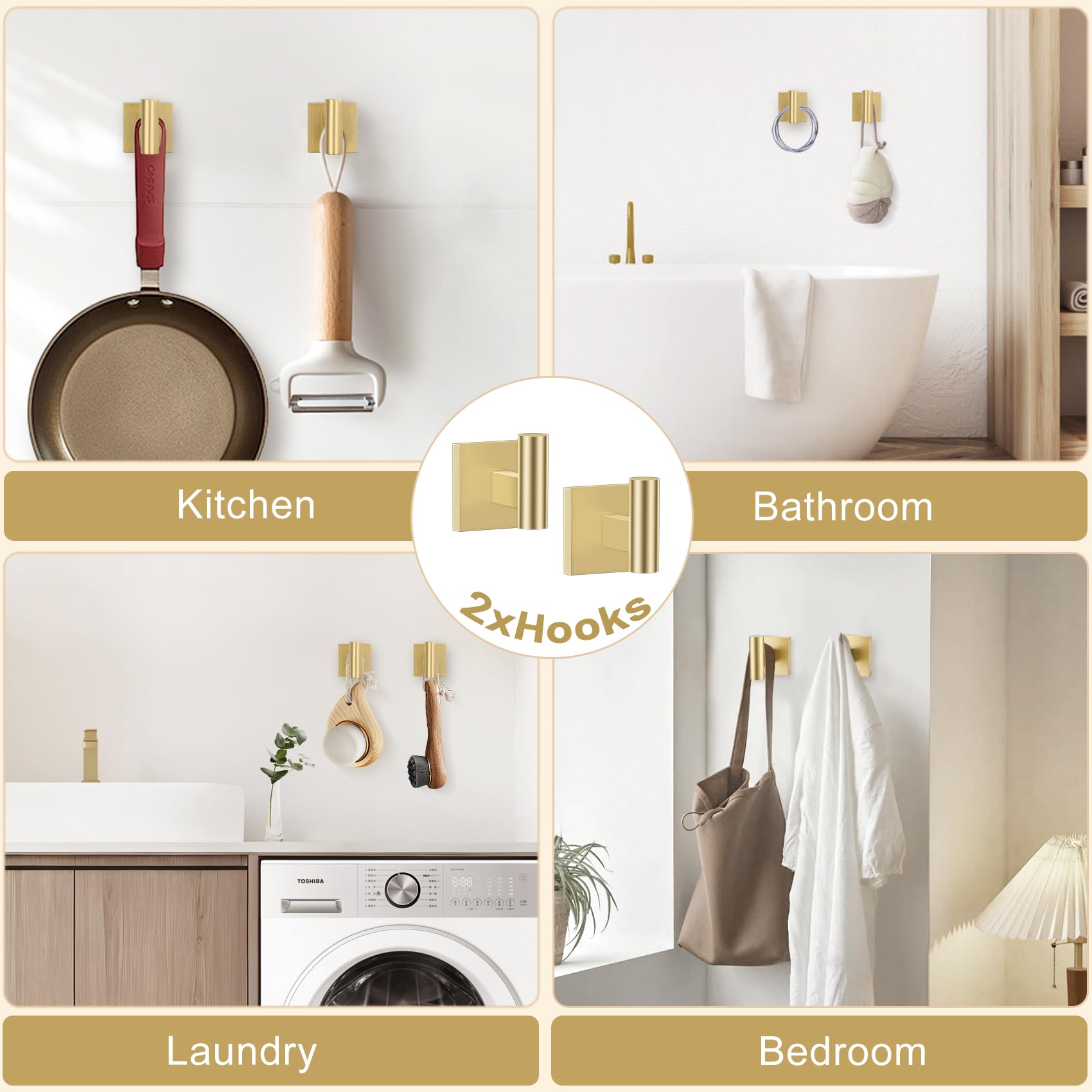 TURS brushed gold robe hook provides additional hanging space.