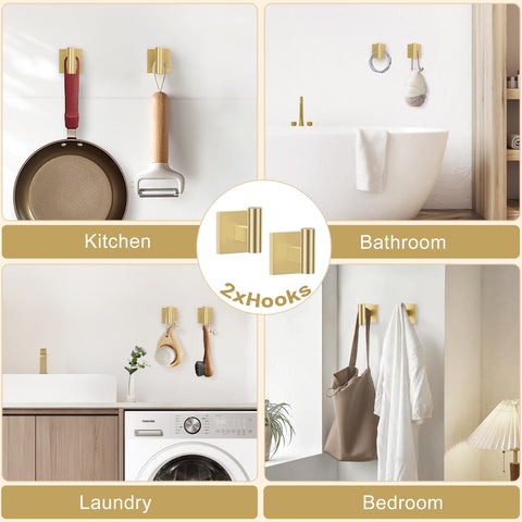 TURS brushed gold robe hook provides additional hanging space.