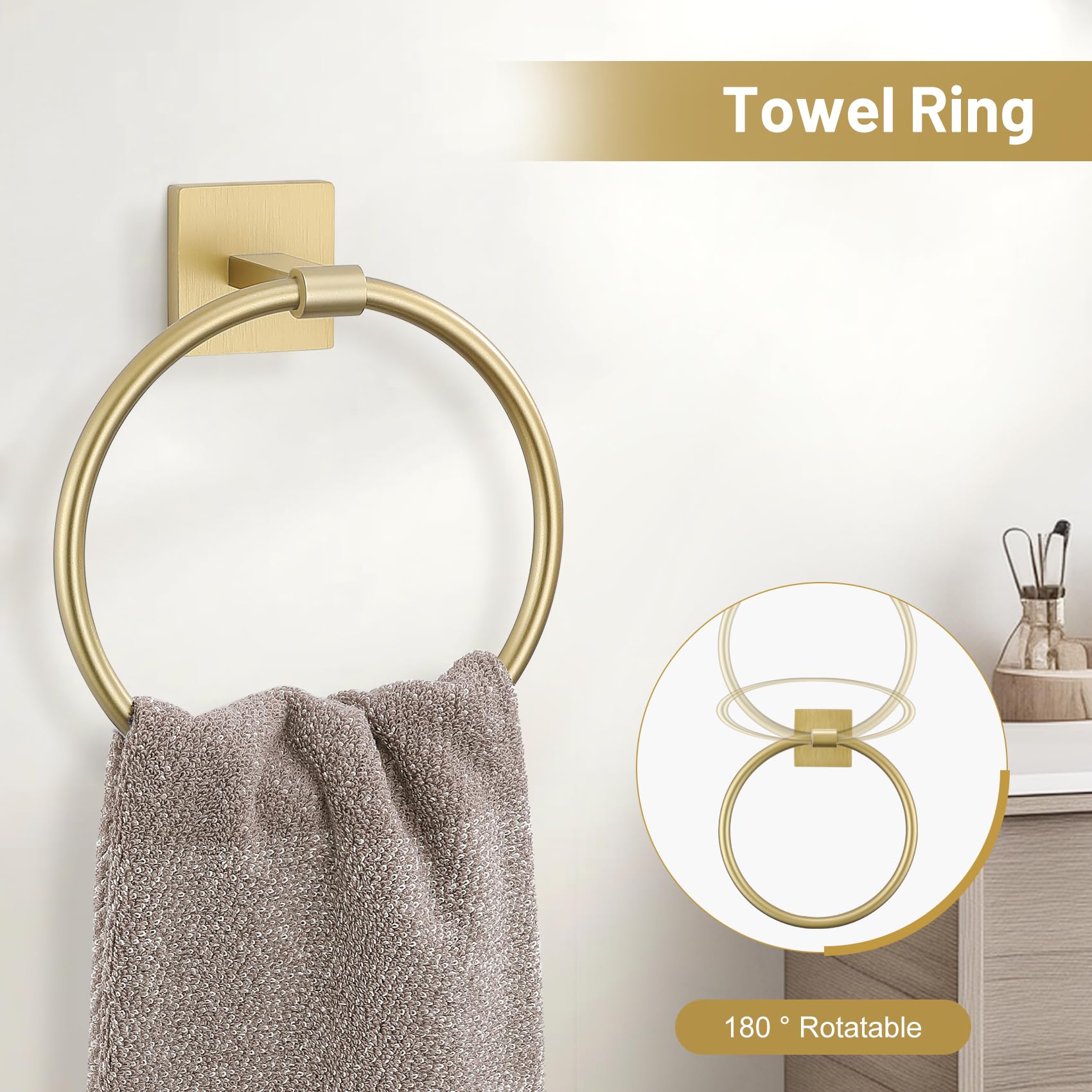 TURS brushed gold toilet paper holder with shelf for essentials.