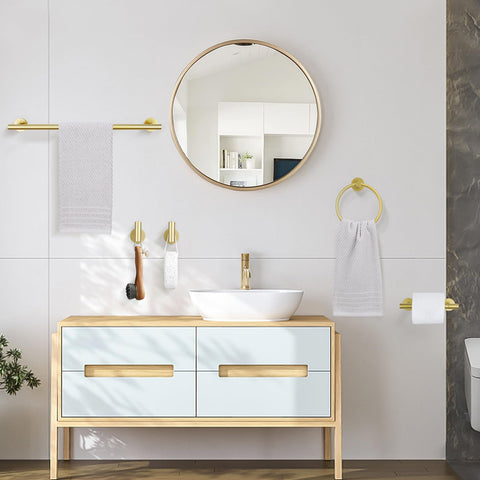 TURS Brushed Gold wall-mounted kit provides sturdy bathroom storage