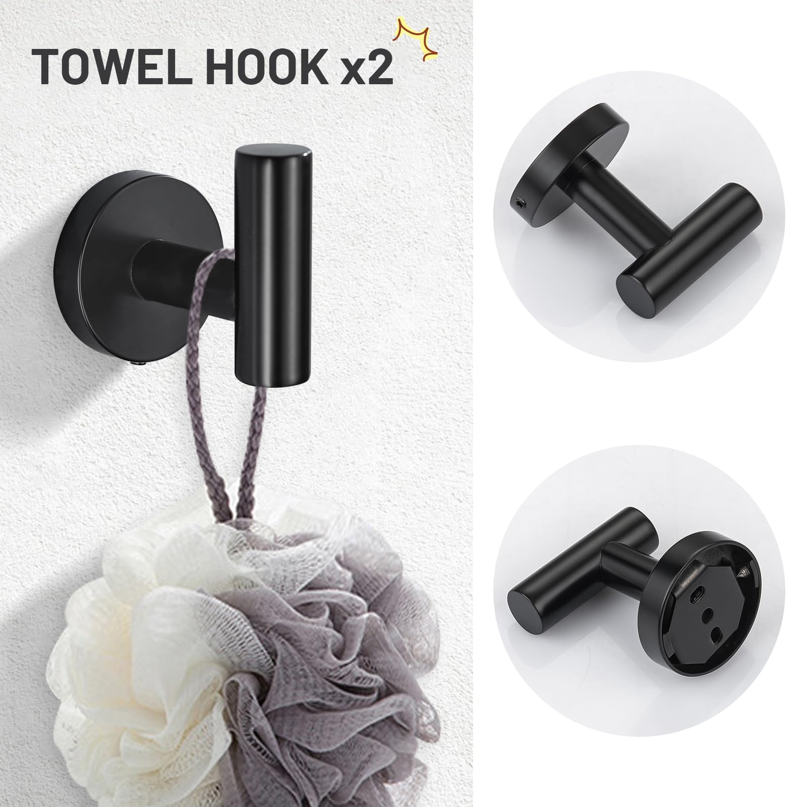SUS304 stainless steel hardware in matte black for bathroom durability.