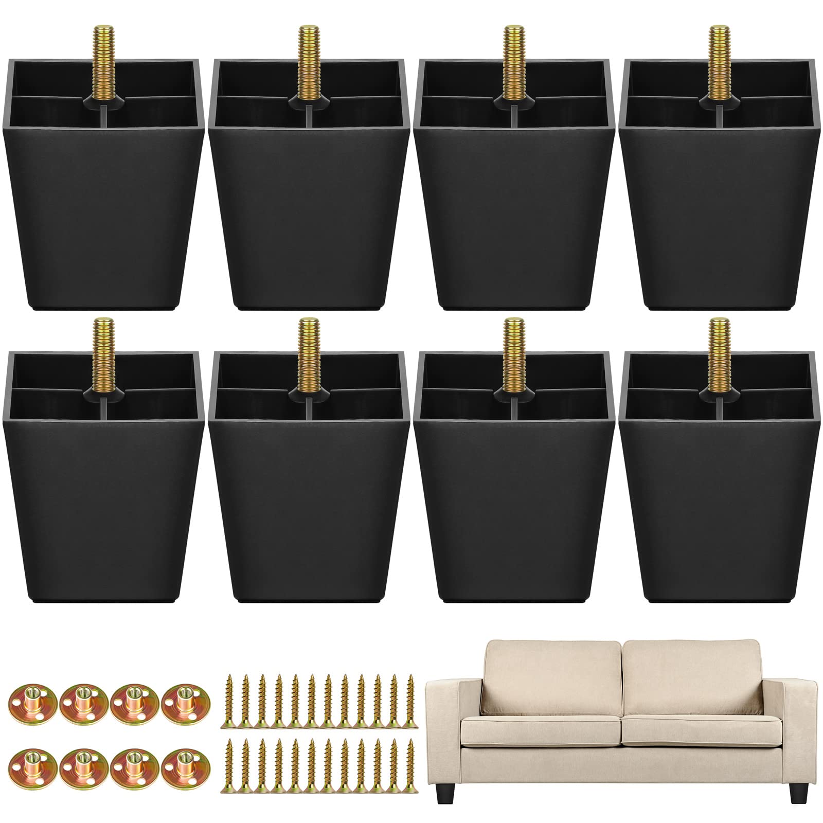 Turstin 8-pack 3-inch square tapered furniture legs provide sturdy sofa support.