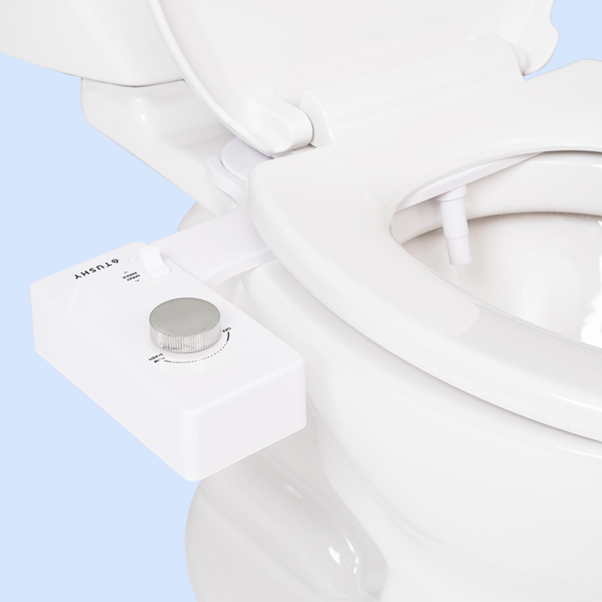 TUSHY Classic 3.0 brushed nickel finish installed on a standard toilet for an easy upgrade