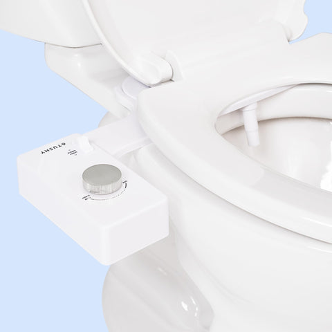 TUSHY Classic 3.0 brushed nickel finish installed on a standard toilet for an easy upgrade