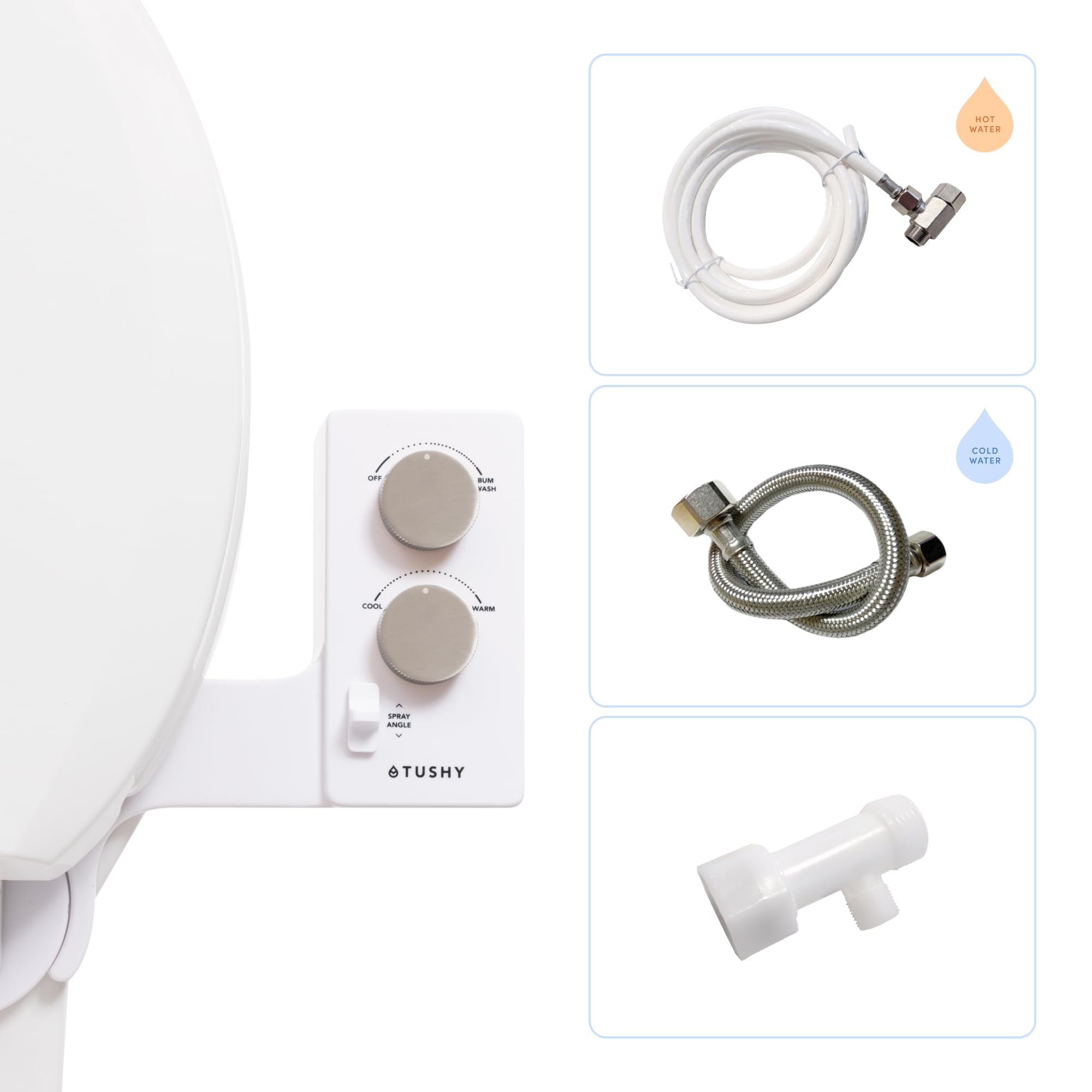 TUSHY Spa bidet unit ready for warm water cleansing beside any toilet