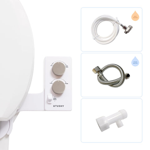 TUSHY Spa bidet unit ready for warm water cleansing beside any toilet