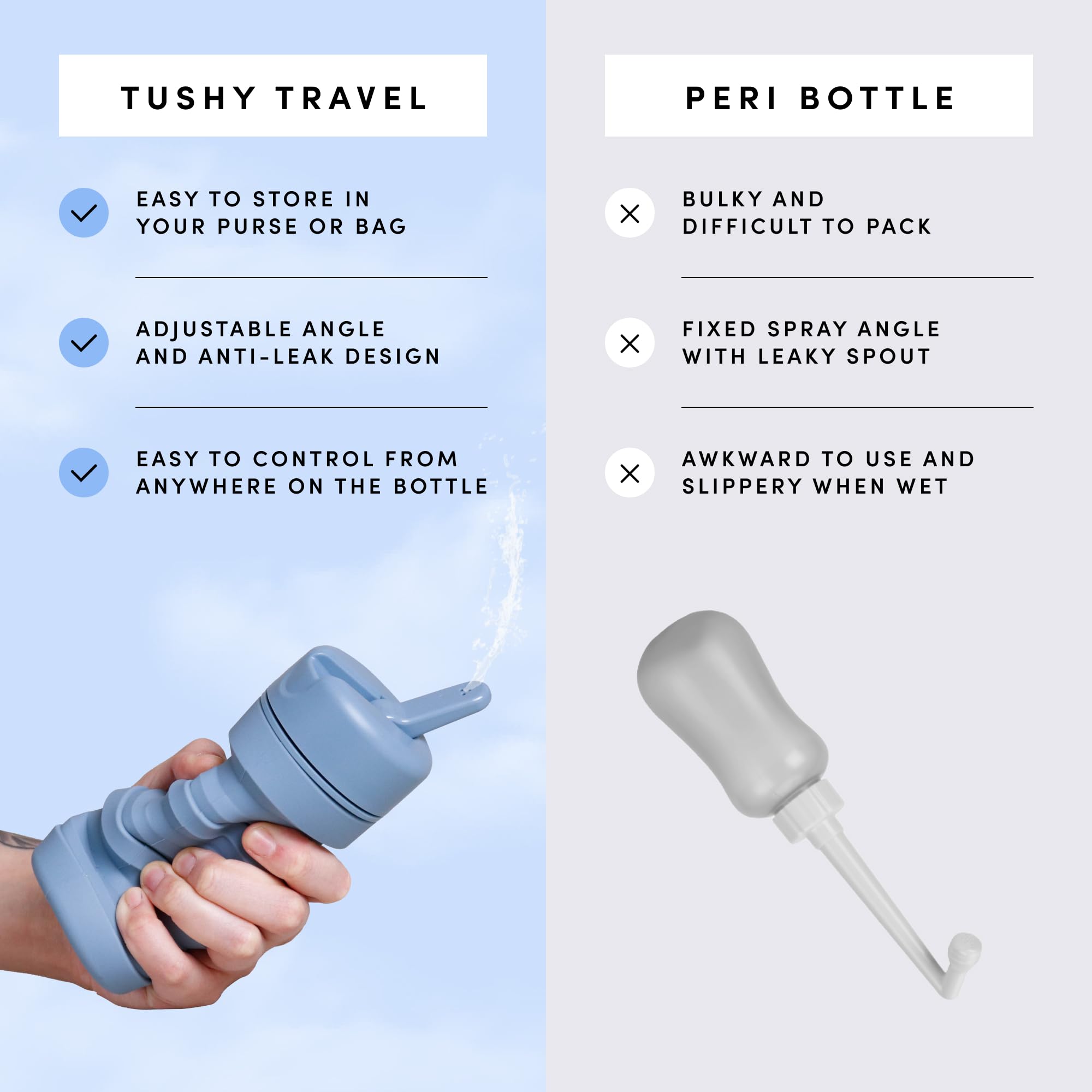 TUSHY Travel Bidet with ergonomic grip for comfortable one handed use.