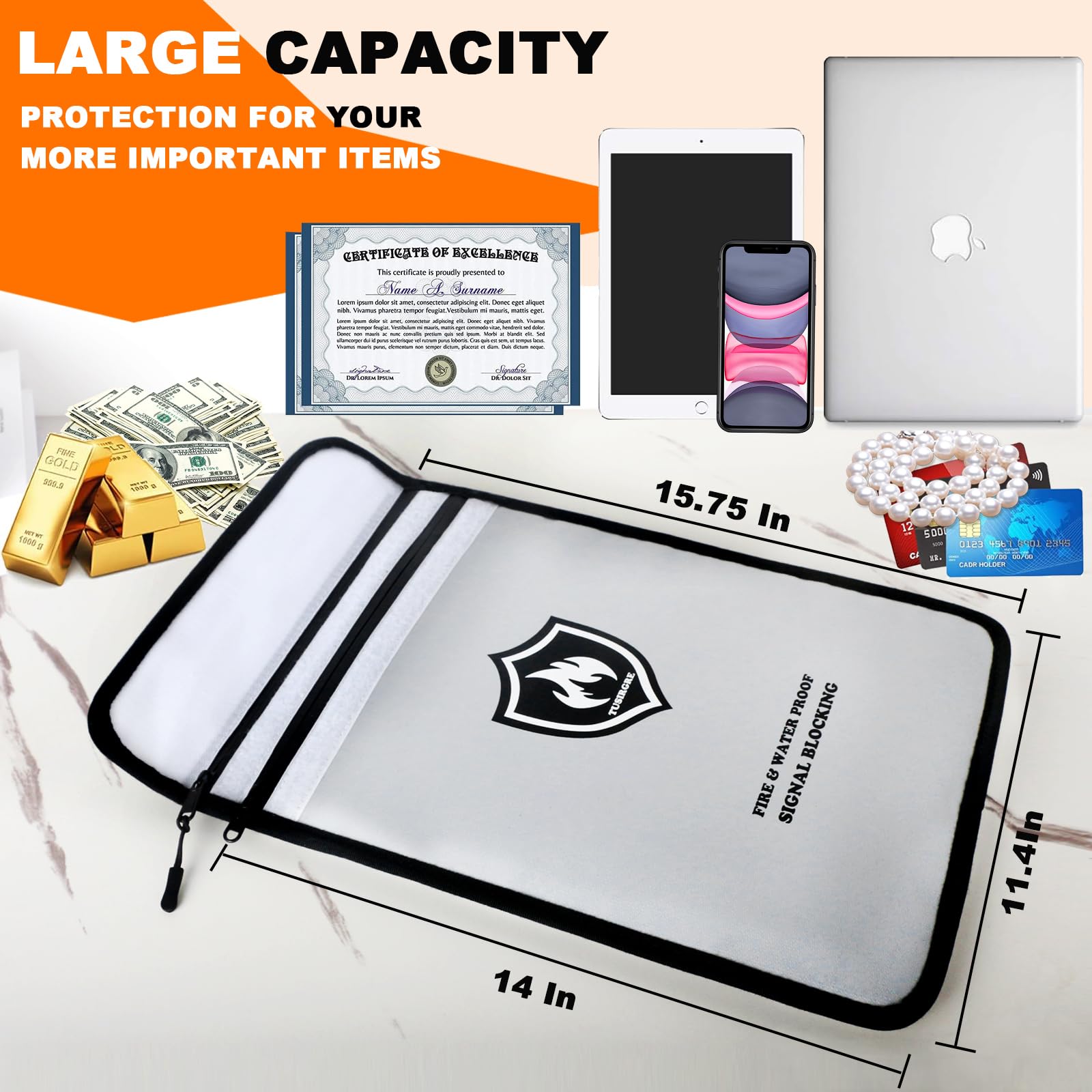 Tusirgre 6200°F fireproof bag protects devices and documents from heat.