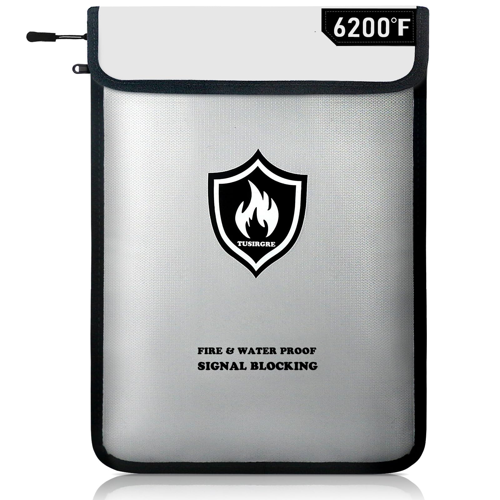 Tusirgre 6200°F fireproof bag front view protects documents and valuables in a compact frame.