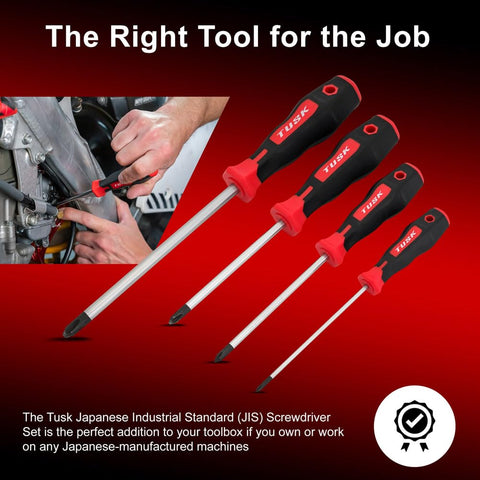 Closeup of magnetic tips on TUSK JIS screwdriver set for easy screw start.