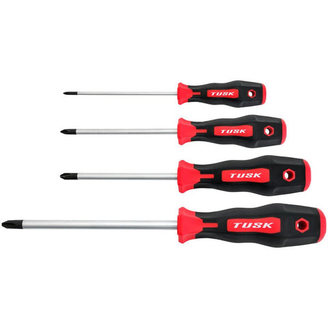 TUSK JIS screwdriver set main shot; four-piece precision kit with magnetic tips.