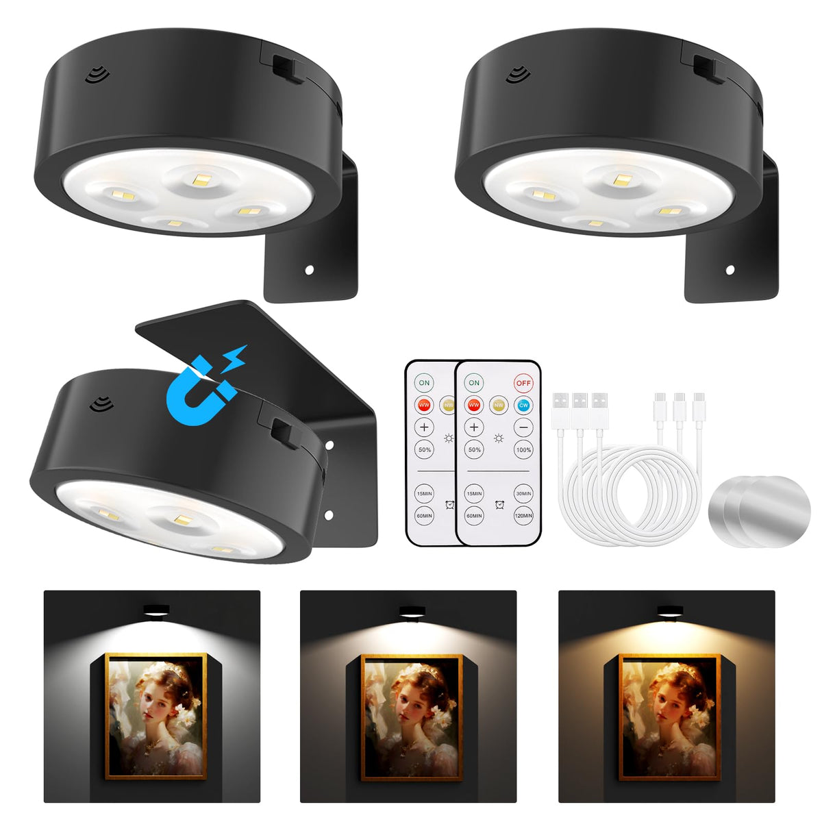 Tututry 3-pack battery picture light with remote illuminates art cord-free.