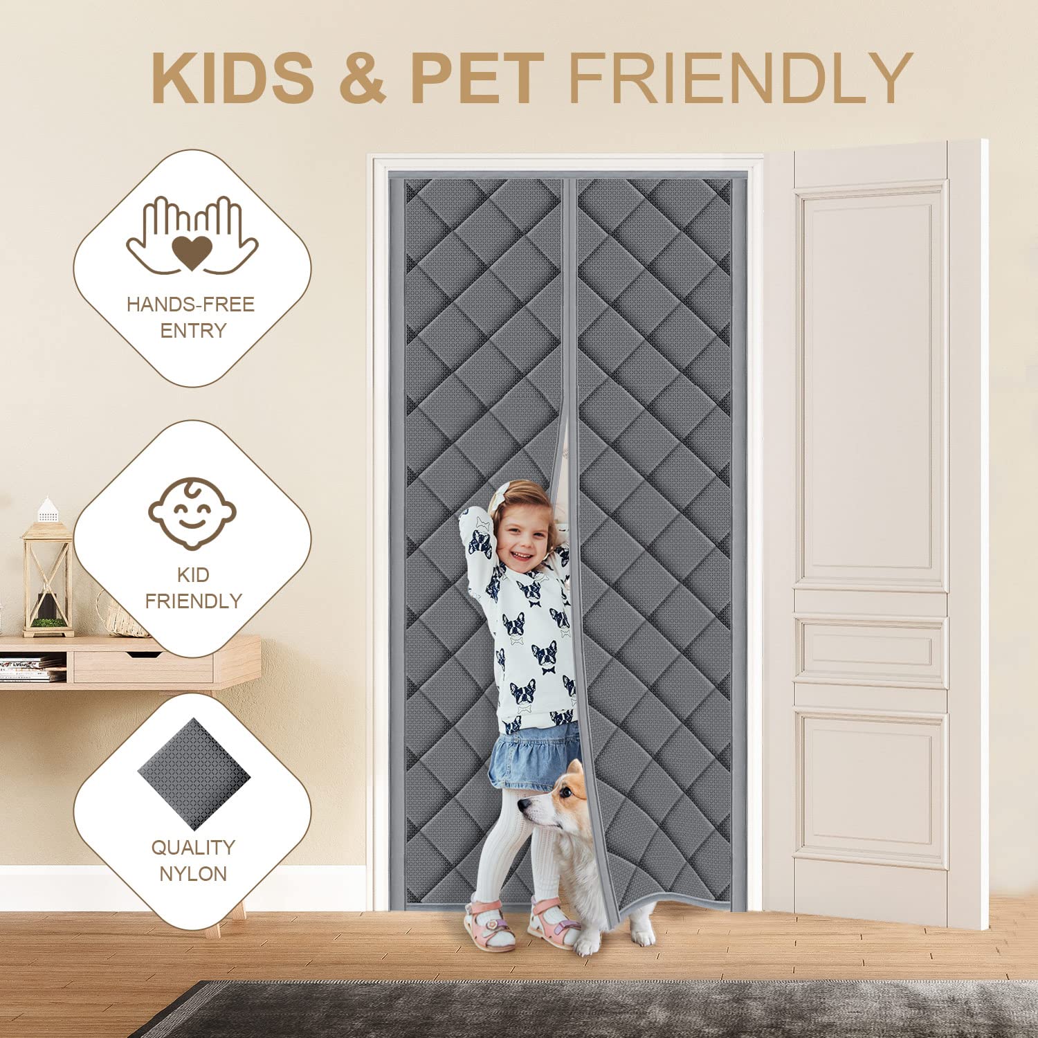 TUZIER 38x83 inch curtain fits 36x82 inch doors for simple installation.