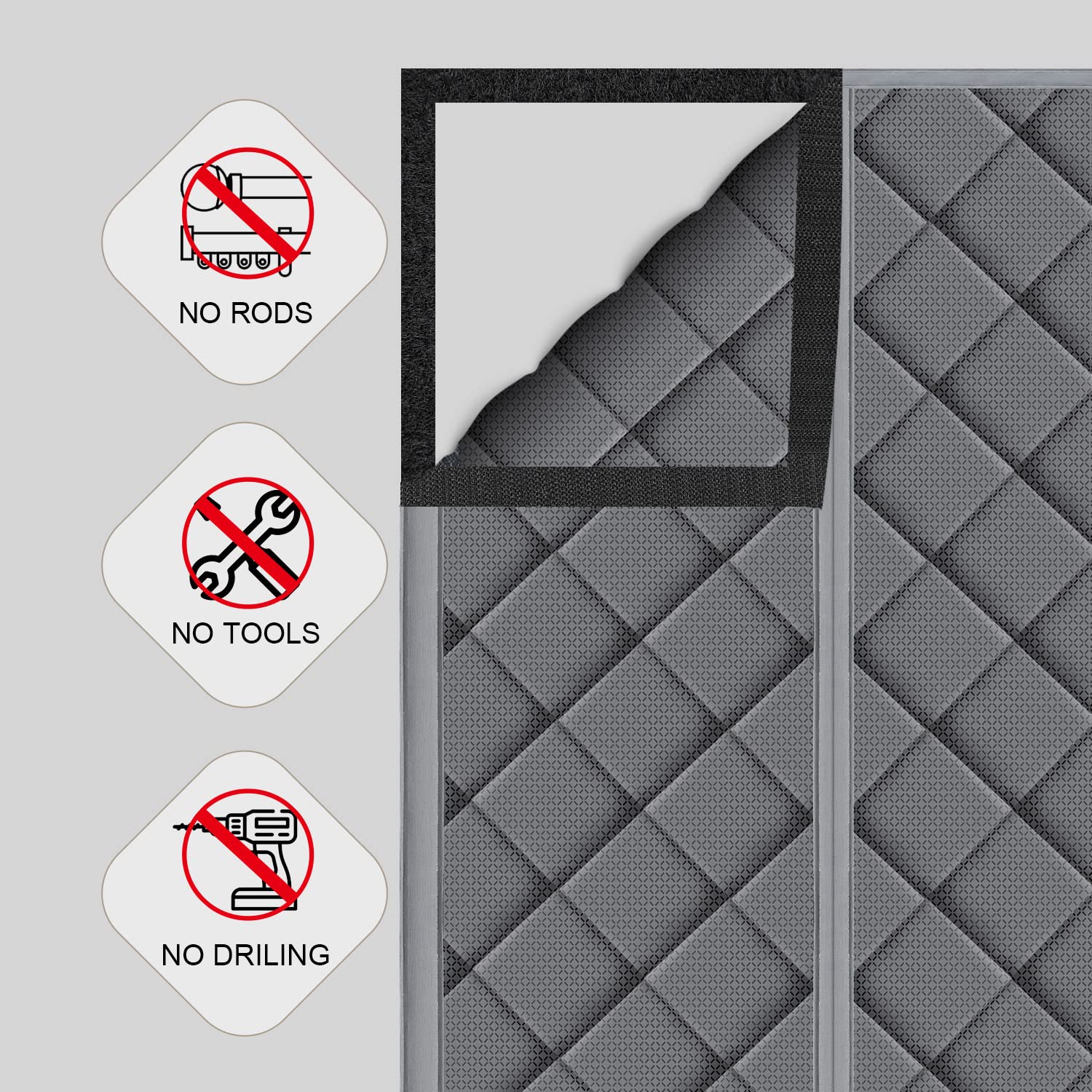 TUZIER curtain on a door frame demonstrates a secure 38x82 fit with easy Velcro.