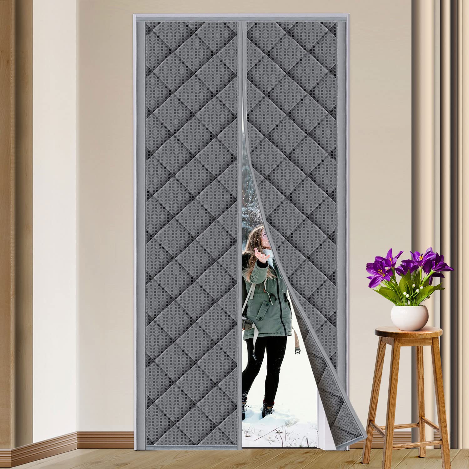 TUZIER magnetic thermal door curtain close-up shows weatherproof nylon and thick insulation.