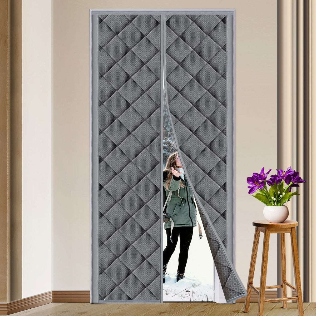 TUZIER magnetic thermal door curtain close-up shows weatherproof nylon and thick insulation.