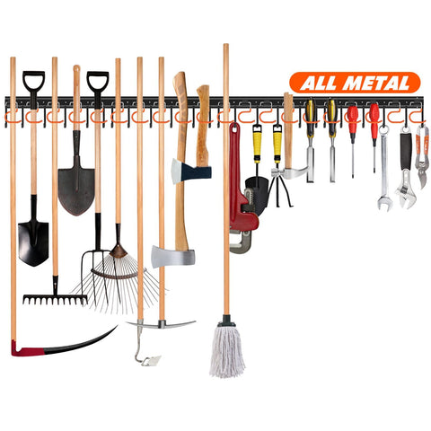 TVKB 68-inch all-metal garden tool organizer on wall with ample tool storage.