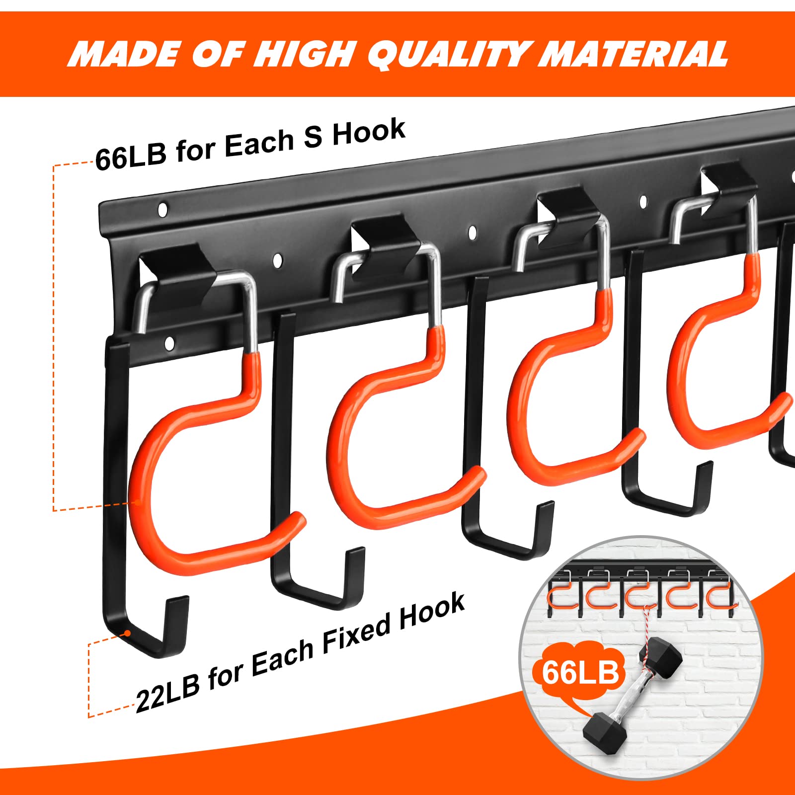 TVKB wall-mounted heavy-duty metal hooks supporting bulky garage tools.